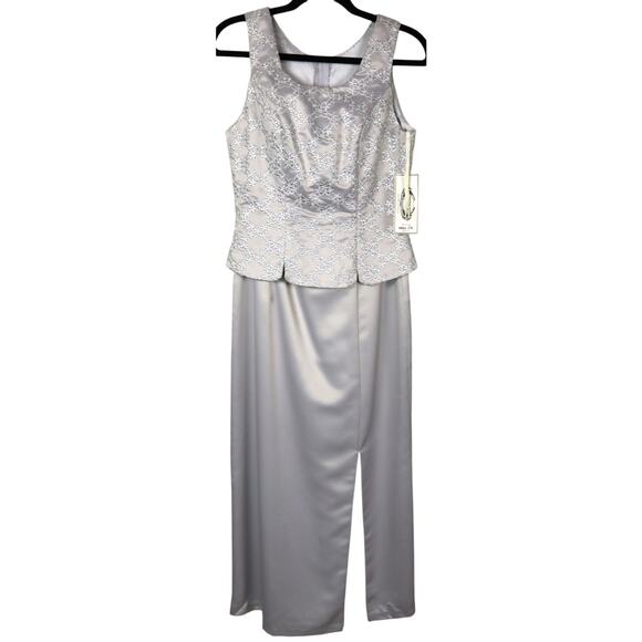 Vintage 90s POLY Silver Dress Floral Embroidery Sparkle Shimmer Satin Formal 8 - Picture 1 of 9